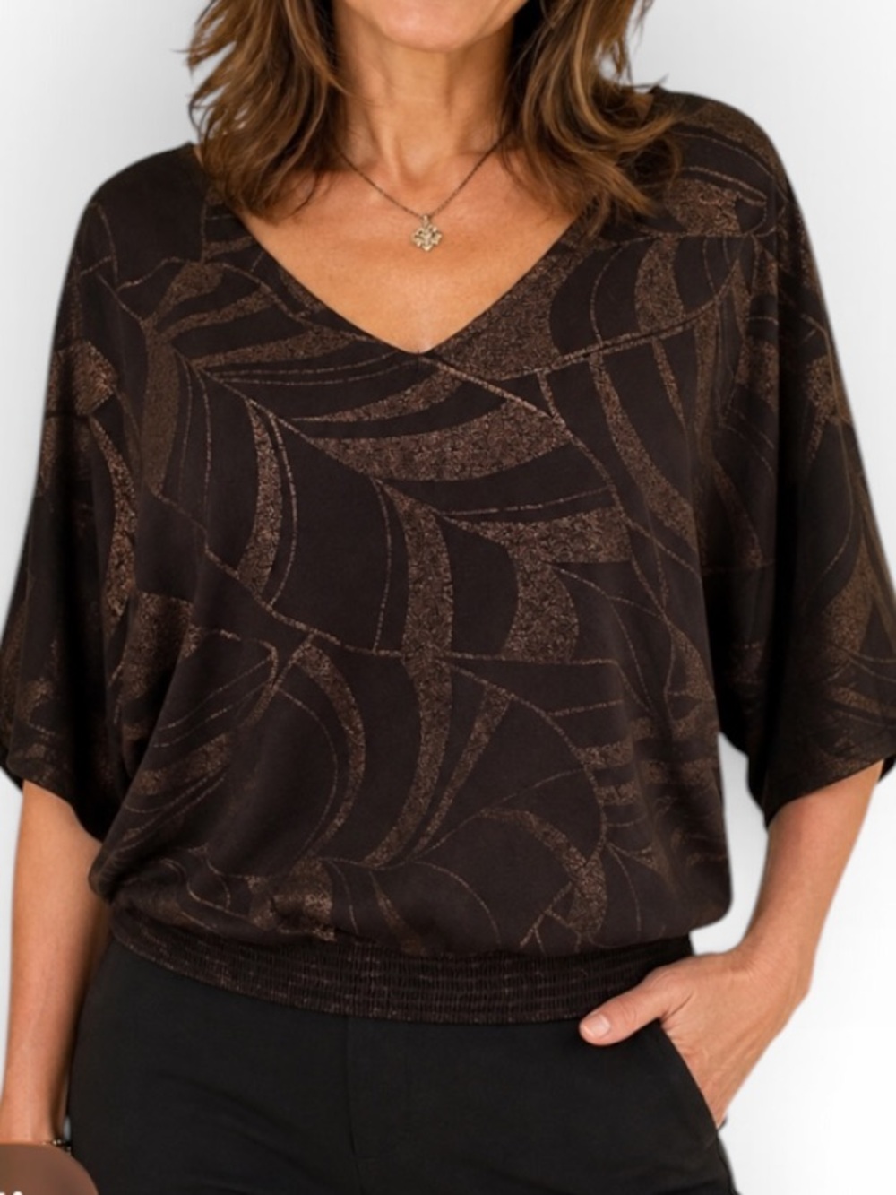 White House Black Market "Lush Garden Foil" Black/Bronze Kimono Sleeve Top S
